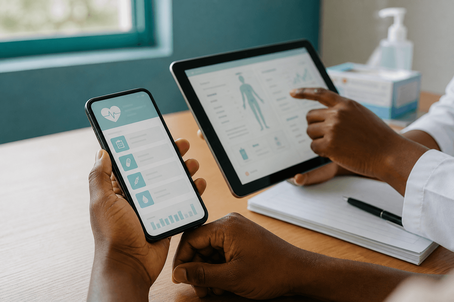 Digital health consultation with phone and tablet